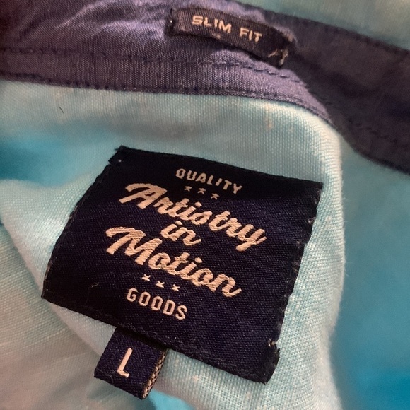Artistry in Motion slim fit linen buttons down shirt size L teal blue - Picture 2 of 12